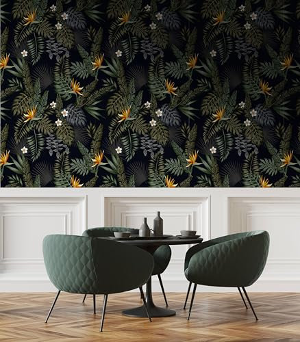 Neukids 40x250cm Black Wallpaper self Adhesive, Peel and Stick Vintage Leaf Floral Wallpaper Art Deco, Living Room Bedroom Kitchen Cabinets Fireplace Decor