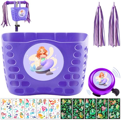 LUKIUP Fahrradkorb Kinder, Lenkerkorb vorne Meerjungfrau Mädchen, Einkaufskorb geflochten, Laufrad Lenkertasche, Abnehmbar Fahrradkorb aus Rattan mit Luftschlangen Fahrradklingel Aufkleber(lila)