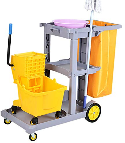 Carro utilitario multifuncional Carro de almacenamiento de servicio Organizador portátil de carro de limpieza con ruedas grandes y bolsa desmontable, carro de limpieza de plástico de 3 estantes para