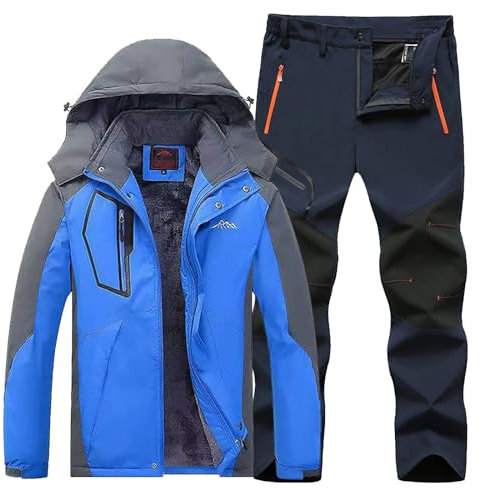 Combinaison de ski pour femme et homme - 2 pièces - Vêtement de ski d'extérieur - Coupe-vent - Avec capuche - Respirant - Veste softshell - Pantalon de neige - Hiver - Snowboard - Combinaison de ski -