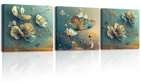 Piy Painting 3X Leinwandbilder von Blume und Schmetterling Wandbilder Bild auf Leinwand, Elegante Blumengemälde, Moderne Heimdekoration für Wohnzimmer, Büro, Restaurant, eingebauter Rahmen, 30x30 cm