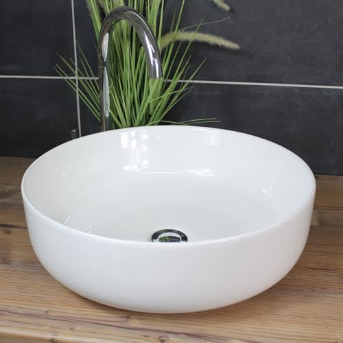 Rundes Aufsatzwaschbecken, 45 cm Durchmesser, 14 cm Höhe, Weiß, Keramik Waschbecken modern Badezimmer Gäste WC Waschschale groß