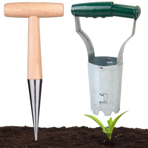 Blumenzwiebelpflanzer, 2er Set Zwiebelpflanzer mit Auslöseautomatik und Tiefenskala, Setzholz und Zwiebelpflanzer für Gärten, Bulb Plant