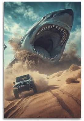 JTLFXY Poster mit Meerestieren, weißer Hai greift Menschen in der Wüste an, dekoratives Gemälde, Leinwand, Wandposter und Kunstdruck, moderne Familienschlafzimmer-Dekoration, Poster, 40 x 60 cm