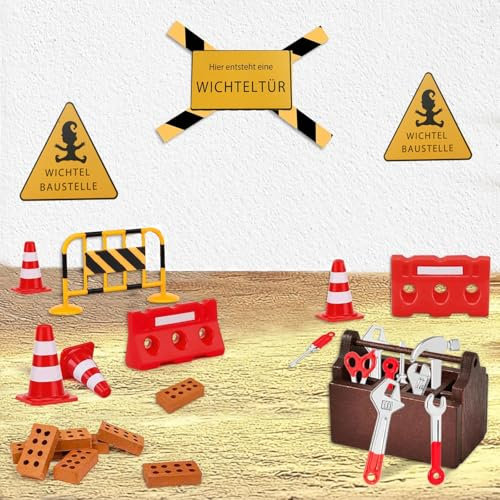 Wichtel Zubehör Baustelle, 27 Pcs Miniatur Wichtel Baustelle Set für Wichteltür Weihnachten Deko und Puppenhaus,DIY wichtelzubehör Baustelle Einzug mit Absperrungsset,Pylonen, Werkzeug-Set