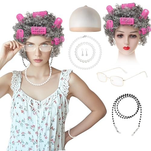 RoserRose 7pcs Old Lady Kostüm Set, Grau, Oma Perücke Mit 6 Rosaroten Lockenwicklern, Brille, Brillenkette, Perücke Kappe Oma, Perlenschmuck, Für Halloween, Karneval, Cosplay