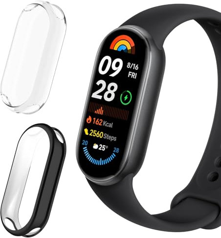 ToVioc 2 Pack Protective Case for Xiaomi Mi Band 9 Cover [Anti-scratch] [Flexible TPU] Case with Screen Protector for Xiaomi Smart Band 9 - Black & Transparent