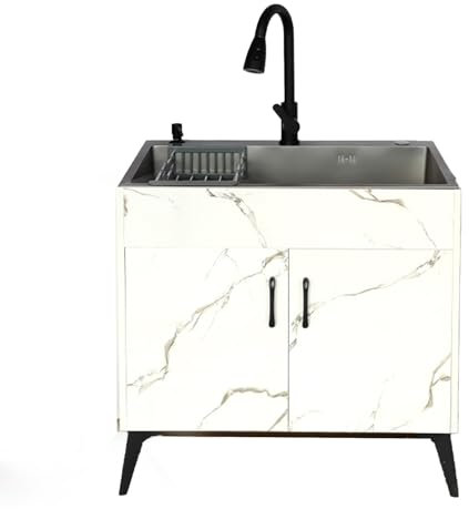 HDZNDH Evier Exterieur INOX Professionnel Meuble sous Evier Cuisine 1 Bac évier Buanderie Indépendant Evier de Jardin, avec Robinet d'eau Chaude et Froide, avec Tuyau de raccordement lavabo