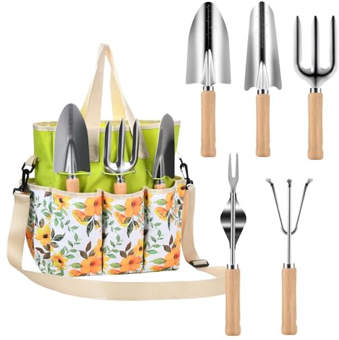 Gartengeräte-Set, 6-teiliges Gartenwerkzeug-Set mit 2-in-1-Gartengeräten, Organizer, Handtasche und Schultertasche, rostfreies Gartenwerkzeug-Set, ideales Gartengeschenk für Damen und Herren