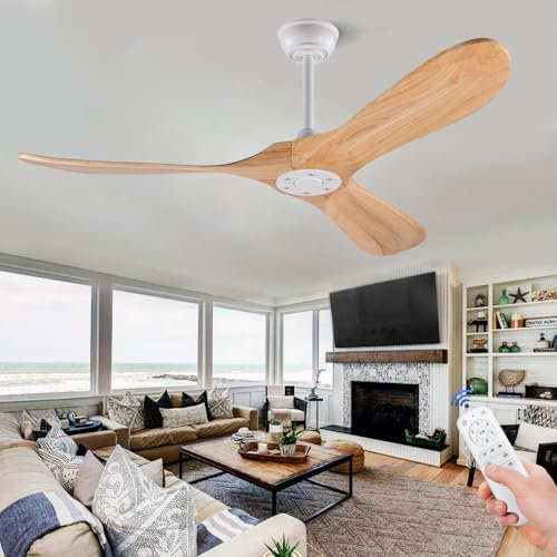 BOJUE Ventilador de Techo sin Luz 132 cm, Ventilador de Techo con Control Remoto, 3 Aspas de Madera Maciza, para Interior/Exterior Sala, Patio, Dormitorio, Cocina, Motor DC Silencioso