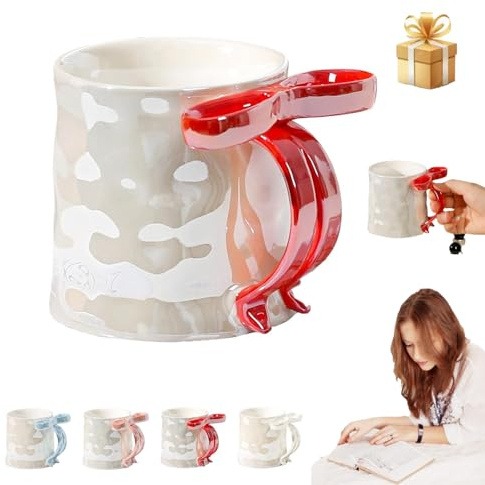 RandJ Bow Mug, Bow Coffee Cup, 12.3oz Charming Ribbon Mugs Microwave Safe with Ribbon Handle, Pink Bow Cup for Women Coworker Valentine's Christmas Birthday Gifts (Red)