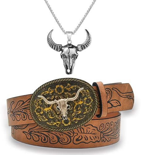 agogue 2 Stück Cowboy Gürtel Herren,Western Gürtel Herren Ausgestattet Mit Einem Stierkopf Ketten für Herren,Cowboy Damen Longhorn Stier Blumengravur, Männer für Jeans Herrengürtel Geschenke