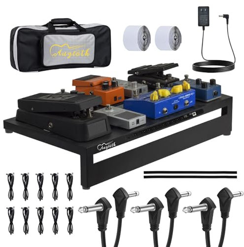 Augioth Pedalera grande para guitarra con funda y fuente de alimentación aislada de 10 vías, tablero duradero de 50.3 cm x 30.1 cm, salidas sin ruido, fácil gestión de cables, perfecta para pedales de