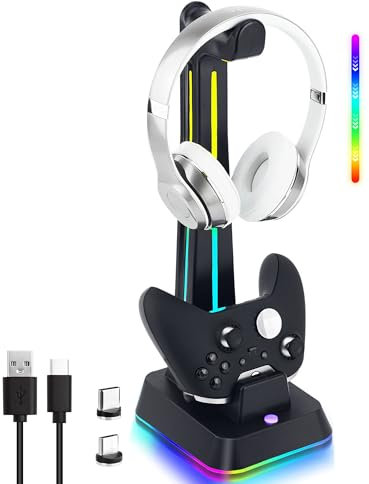 Mcbazel Estación de Carga para Xbox Mandos, Soporte para Auriculares Gaming con Luz RGB y Cargador de Mando con Indicador Compatible con Xbox Series X&S/Elite 1/2/One/One X/One S/One Elite