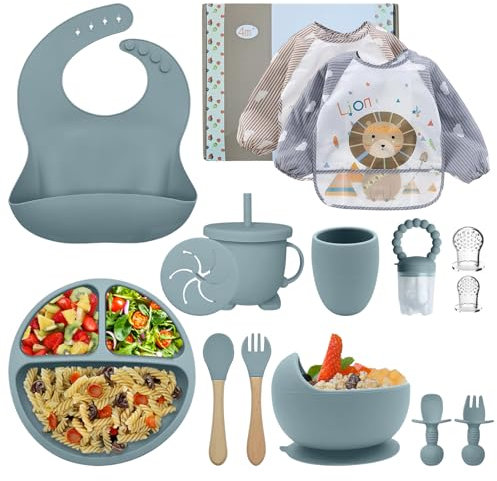Assiette Bebe,Coffret Repas Bebe,lot de 15,Set repas bébé, Bol Cuillere Bebe,Bavoir Silicone Bebe,Assiette Ventouse Pour BéBé,tétine grignoteuse bébé Enfant Set Couverts Vaisselle Pour Sevrage Manger