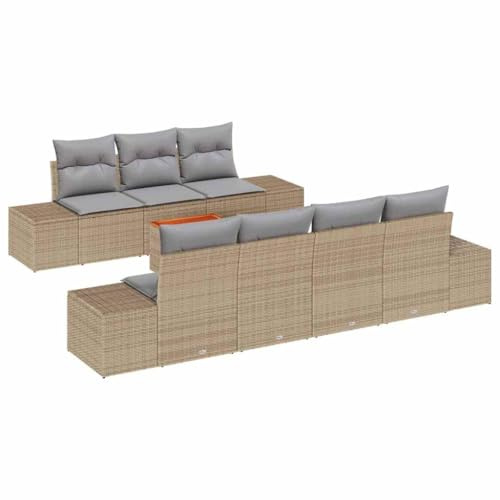 vidaXL Garten-Sofa-Set mit Kissen 8 pcs Beige Poly Rattan, Garten und Terrasse, modernes Sofa Set, Lounge, verstellbare Füße, modulare Möbel, robuster Außensitz