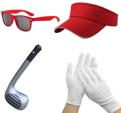 Bodeshis 4 Pieces Pub Golf Fancy Dress, golf club Red Golf Visor White Gloves Sunglasses
