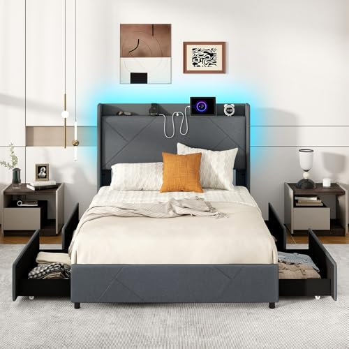 COSTWAY 4FT6 Double/5FT King Size Bed Frame with RGB LED Lights, Charging Station, Storage Headboard and 4 Underbed Drawers, Modern Platform Bed Frame Slat Support Mattress Base (Double 4FT6)
