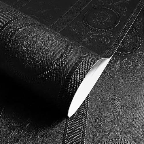 JiffDiff Wallpaper Peel and Stick Textured, 3D Black Embossed Wall Paper Stick on Wallpaper Modern Waterproof Self Adhesive Contact Paper(17.3 x 120)