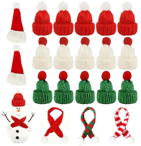 Nepturion 20 Stück Mini Weihnachtsmütze und Schal Set – Mini Weihnachtsmützen und Mi-ni Nikolausmütze Deko in 4 Farben, Ideal als Weihnachtsmützen für Flaschen & kleine Weihnachtsmütze zum Basteln