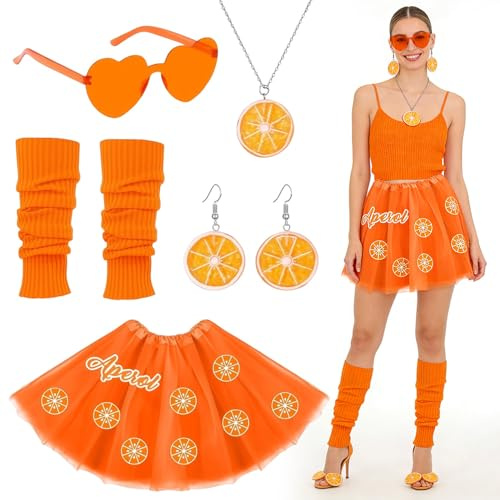 Aperol Kostüm Damen, Weciau Orange Karneval Kostüm Damen mit Herz Sonnenbrille, Ohrringe, Halskette, Stulpen und Tüllrock, Fasching Party Outfit für Karneval Party Festival Feier