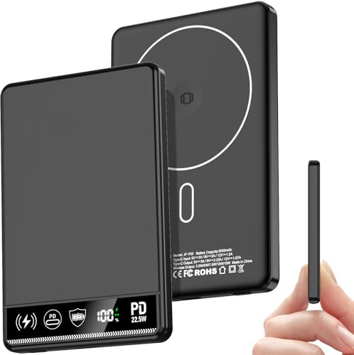 Ultra Slim Wireless Powerbank 5000mAh Magnetische Power Bank,PD 22.5W USB-C Wireless Powerbank Induktives Laden Akku mit LED-Display für iPhone 17/16/15/14/13/12/Pro/Pro Max- Schwarz
