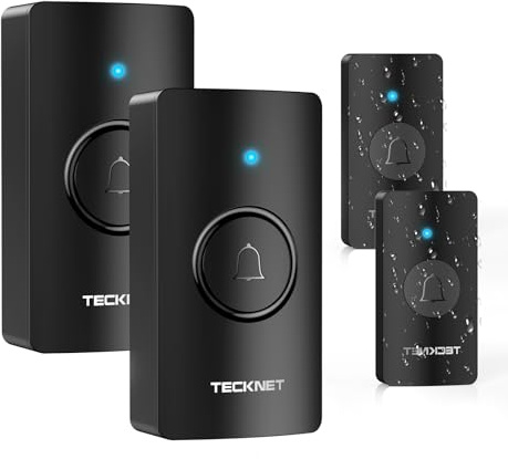 TECKNET Funkklingel, IP67 Türklingel-Set Außen wasserdicht, 400M Reichweite, Batteriebetrieben mit 2 Empfängern und 2 Sendern, 5 Lautstärkestufen, 60 Klingeltöne mit LED-Blitz und Speicherfunktion
