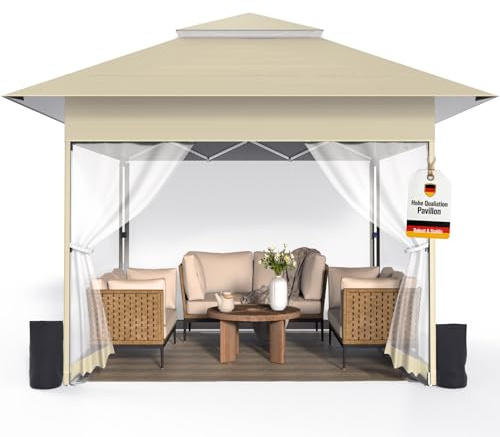 Tonnelle de Jardin 3.6x3.6m,Tente Pliante de Exterieur Pop-up avec Moustiquaire,4 Sacs de Sable、Sac de Roulant,Tonnelle Pliante Imperméable,Anti UV,Respirable,Tente de Camping,Barnum Exterieur,Kaki