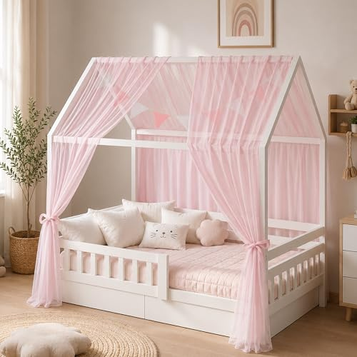 Kinderbett Baldachin Rosa mit 3 m Baumwoll-Wimpelgirlande, Hausbett Deko | 2 Tüll Vorhängen, Betthimmel für Montessori Bett, Kinderzimmer Dekoration für Mädchen und Jungen 150 x 350 cm