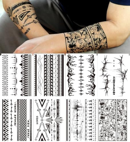 8 Feuilles Bras Tatouages Éphemere pour Hommes Femmes, Style Tribaux Longs Bracelets Autocollants pour Adultes, Faux Tatouages Temporaires Réalistes Longue Durée Résistants pour Poignet Cheville