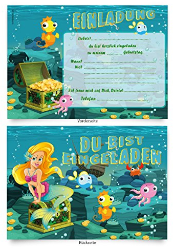 Einladungskarten (8 Stück) zum Ausfüllen für Kindergeburtstag - „Meerjungfrau“