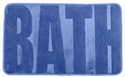 WENKO Badematte Memory, rutschhemmend, Flauschiger Badteppich in Blau mit Schriftzug Bath für Badezimmer und Gäste-WC, dekorative hochflorige, schwere Oberfläche aus 100% Polyester, 50 x 80 cm