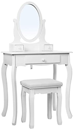 SONGMICS Schminktisch 3 Schubladen mit Spiegel Hocker, weiß, 70 x 130 x 40 cm