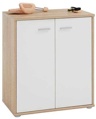 IDIMEX Meuble à Chaussures Olympe, Commode Meuble de Rangement avec 2 Portes avec 4 tablettes intérieures, en mélaminé décor chêne Sonoma et Blanc Mat