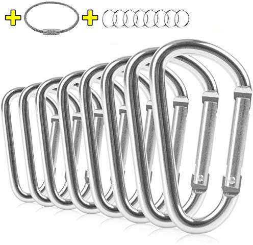 ZEINZE Carabiner Clip 3 Aluminum D-Ring Spring Loaded Gate Small Keychain Carabiners Clip Set for Outdoor Camping Mini Lock Hooks Spring Snap Link Key Chain Durable Improved Design 8 Pack (Silver)