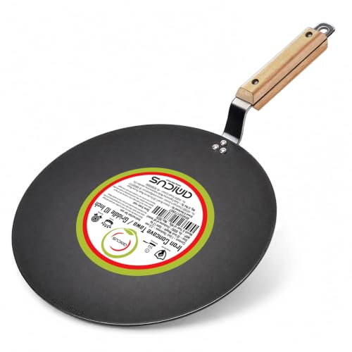 amicus Kitchen Premium Iron Tawa for Roti Chapati, Concave Iron Tava with Strong Wooden Handle, 10 Inch, 2.2 L, 1.2 Kg, Black