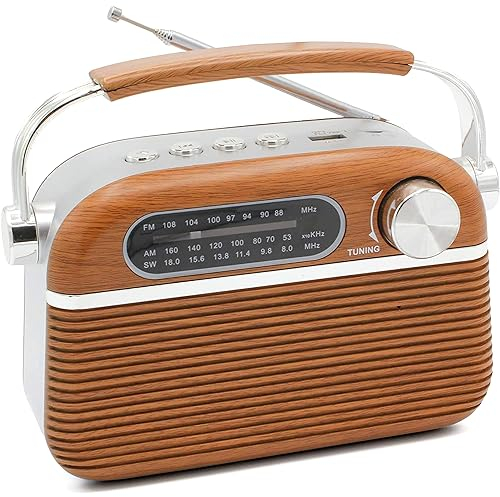 FISHTEC - Radio Vintage Retro Design USB / MP3 / Micro SD Player – tragbar – einziehbare Antenne – Batterie- und Netzbetrieb – 20 cm x 12 cm – Motiv Holz und Edelstahl