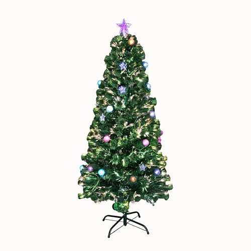 6Ft/180cm Fibre Optic Christmas Tree with Star Topper - Baubles and Stars Decorations - Pre-Lit Green Artificial Xmas Tree - Multicolor Changing Lights