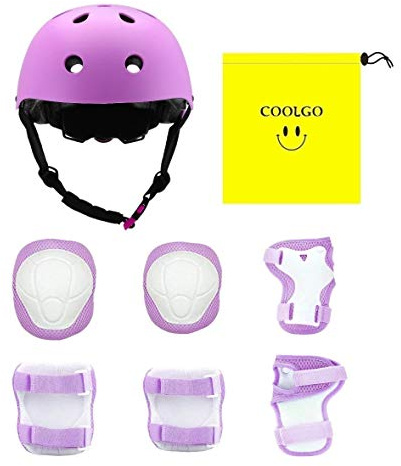 COOLGO Casco Skate e Ginocchiere Kit per Bambini e Bambina 15-35kgs, Regolabile Casco Ginocchiere Gomitiere e Protezione Polso per Pattinaggio Rollerblade Monopattino Skateboard Bicicletta (Purple)