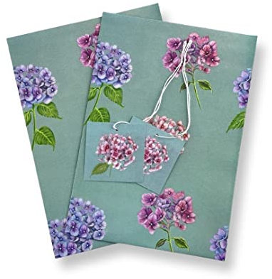 Classic pretty floral eco printed gift wrap with hand drawn pastel hydrangea flowers - 2 sheets and 2 tags - birthday present for her - Mother's Day