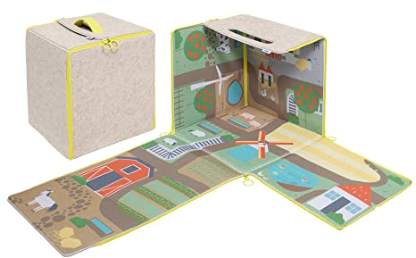 emma & noah Diolie Würfel, Aufbewahrungsbox 30x30x30 cm, Faltbarer Spielteppich mit Straßen, Robuster Filz, Straßenteppich für Kinderzimmer & Spielzimmer (Bauernhof)