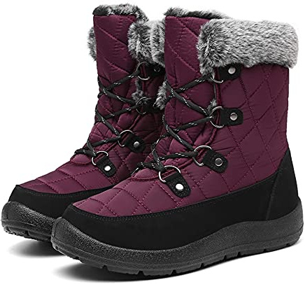 Bella Bays Women Winter Snow Boots Ladies Fur Lined Warm Outdoor Lace Up Zipper Flat Waterproof Thermal Non Slip Ankle Booties Walking Shoes Black/Grey/Red/Blue Size UK 3-9