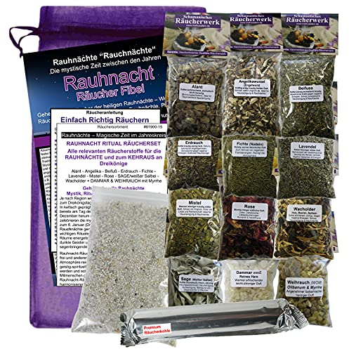 RAUHNÄCHTE Räuchern 18-TLG Ritualset 12x Räucherwerk für Jede Rauhnacht mit BEIFUSS + Salbei + WEIHRAUCH + MYRRHE UVM. 6X ZUBEHÖR mit Rauhnacht-Fibel. 81900-15