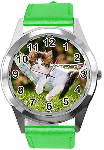 TAPORT Armbanduhr fur Katzchen-Fans, Leder, Grun, E2