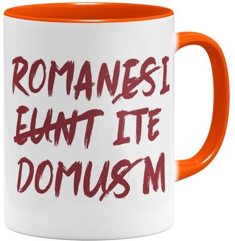 OM3® lustige Latein Kaffee-Tasse mit dem lateinischen Spruch - Romani ite Domum - Zitat - Keramik Becher - 325ml - Beidseitig Bedruckt - Orange