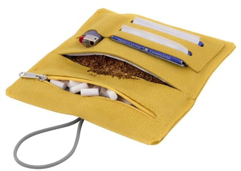 SIMARU Porta Tabacco in Vera Pelle e Cuioio | Lavorazione Artigianale | Scomparti per Cartine, Filtri e Accendino | Astuccio Borsello Sacchetto 30g (Amber)