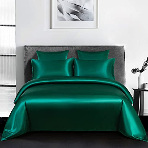 Michorinee Housse de Couette Satin 240 x 260 Vert foncé avec 2 Taies d'oreiller 65x65 cm Parure de Lit Adulte 2 Personnes Linge de Lit Satin de Soie Brillante avec Fermeture Éclair