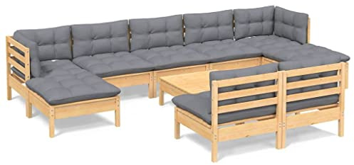 vidaXL 10-TLG. Garten-Lounge-Set mit Grauen Kissen Kiefernholz