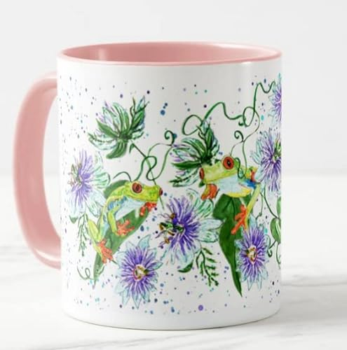 Vixar Frog in Flowers Passion flowerhand Painted Design Watercolour Art Coloured Mug Cup Gift Birthday Work Office Christmas Tea Coffee (Pink)