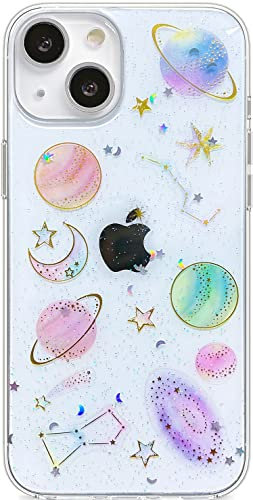 Efitoo Designed for iPhone 14 Case Floral Design Cute Clear Real Dry Pressed Flower Bling Glitter Sparkle Soft Silicone TPU Aesthetic Phone Cover for Women Girls (Space)